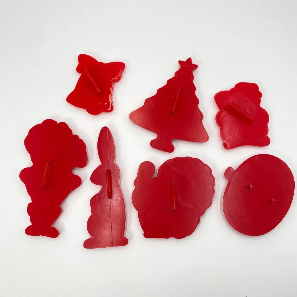 Vintage Red Plastic Holiday Cookie Cutter Set‎ 7pc Santa Pumpkin Turkey Bunny
